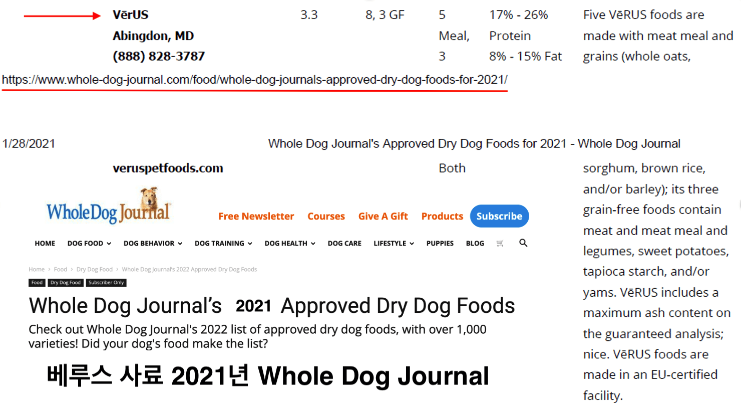 베루스사료 2021년 Whole Dog Journal 추천 사료 브랜드, 꾸준하게 일관된 품질관리, 미국시장에서도 찾기 힘든 수준의 오메가3 함유량